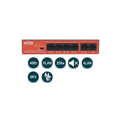 WI-PS205H (v2) Неуправляемый коммутатор РоЕ 40 Вт, порты 4 PoE FE+2FE, 802.3 af/at, 250 м