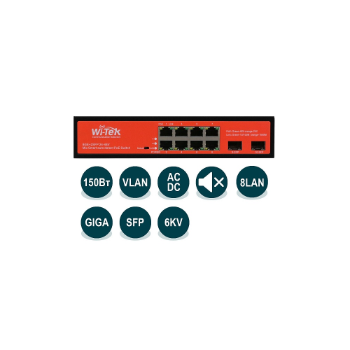 WI-PS310GF Неуправляемый коммутатор 8PoE порта 1000Base-T+2 SFP,PoE IEEE 802.3at/af до 150Вт